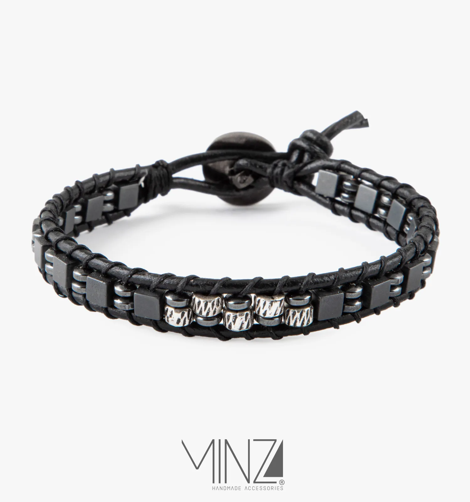 “Silver Leather & Hematite” Men’s Bracelet “Silver Leather & Hematite” Men’s Bracelet